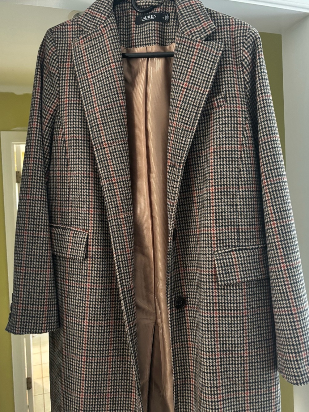 Ralph Lauren Houndstooth Pea Coat in Brown, Black & Red Plaid